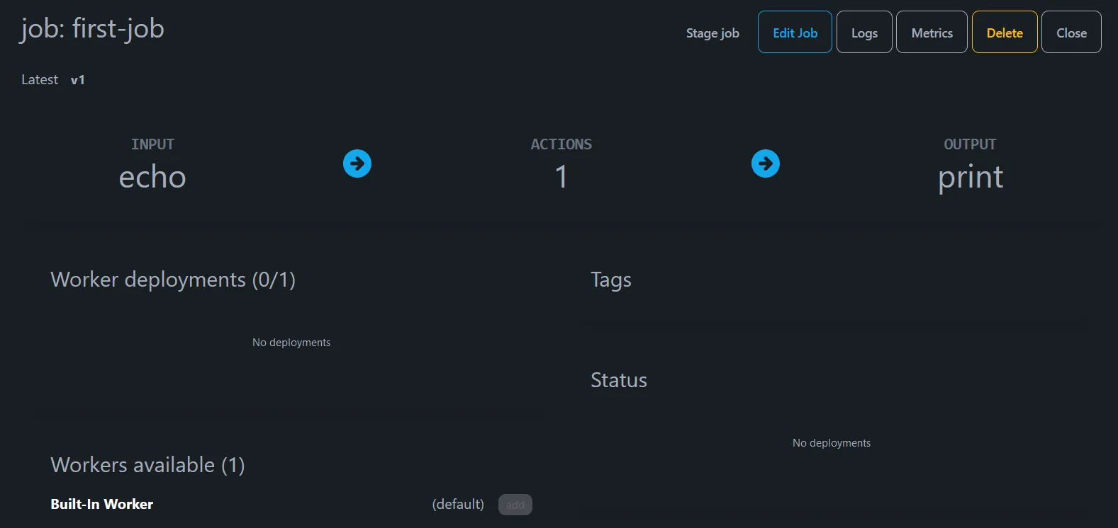 Job page showing save and stage controls